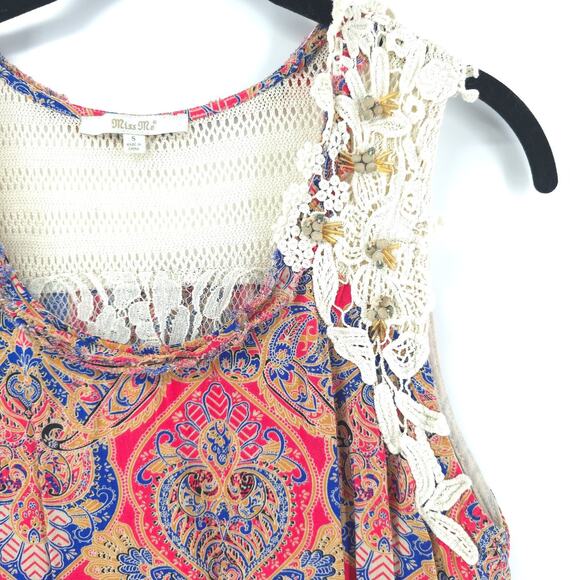 Miss Me Y2K Whimsi Boho Bright Geometric Romantic Crochet Bead Lace Lined Tank S - Picture 3 of 16